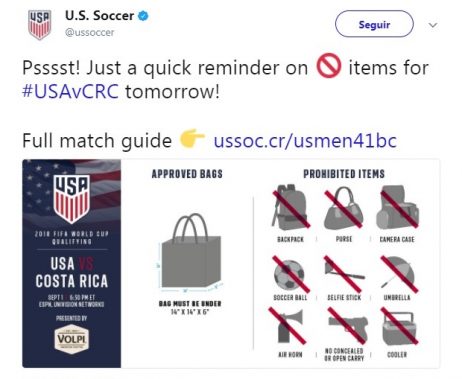 ¡Si llevas palo de selfies y una pistola no entras al juego Estados Unidos-Costa Rica!